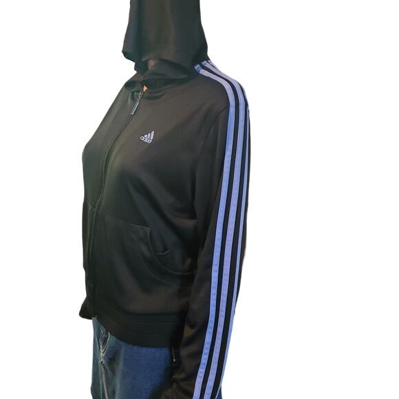 Adidas Size M Athletic Track Full Zip Jacket Black Blue Striped Logo Clima 365 - Picture 3 of 8